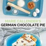 Copycat Marie Callender's German chocolate pie ingredients and a slice of the pie.