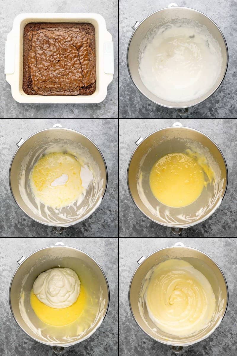 Collage of preparing components for copycat Olive Garden brownie banana funtastico dessert.
