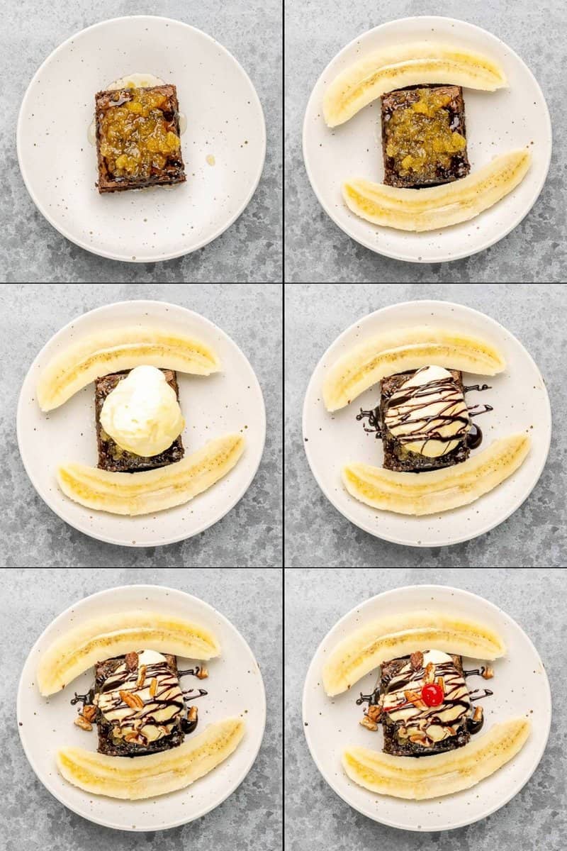 Collage of assembling copycat Olive brownie banana funtastico dessert.
