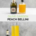 Copycat Olive Garden peach bellini ingredients and the finished drink.