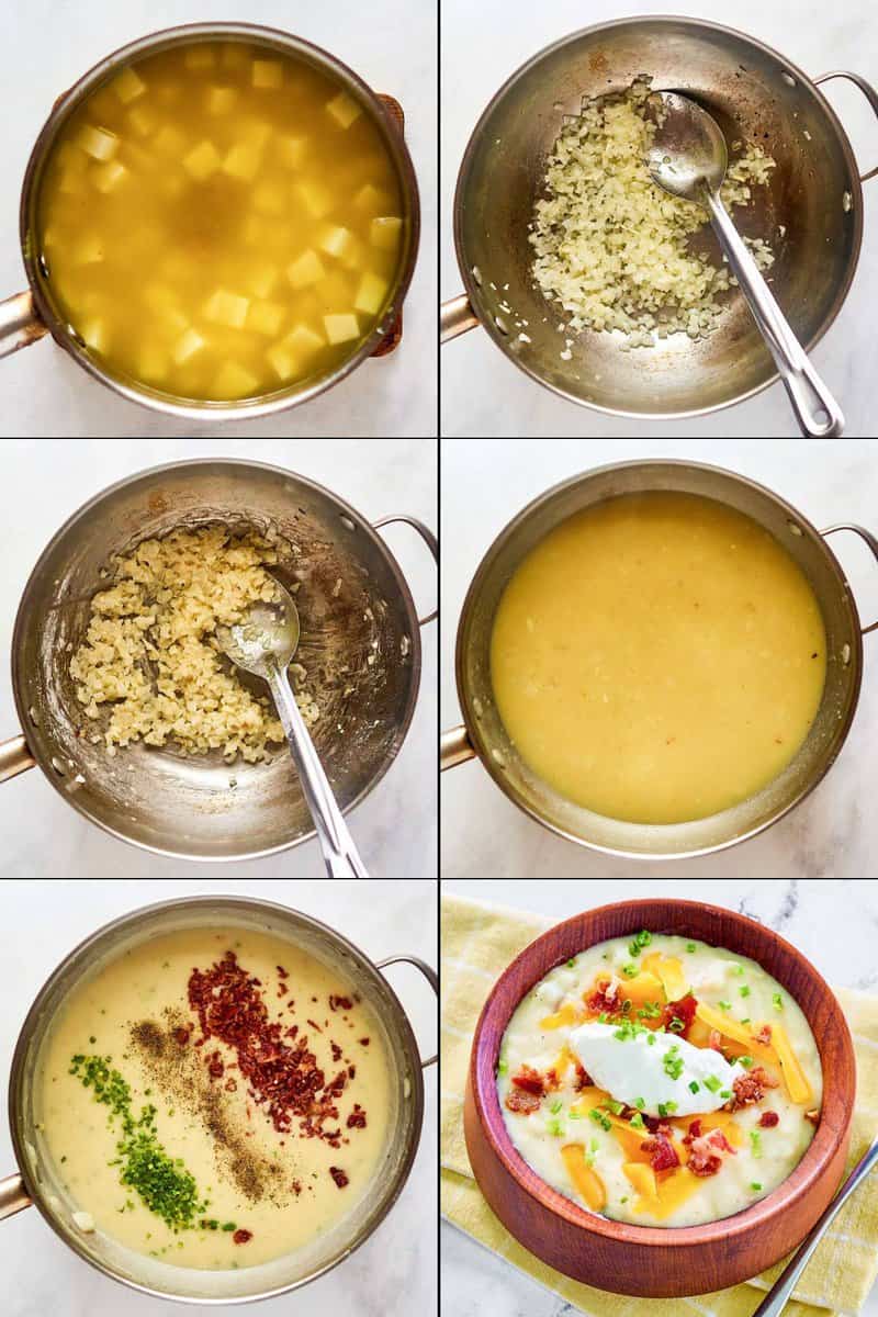 Collage of making copycat Panera baked potato soup.