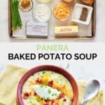 Copycat Panera baked potato soup ingredients and the soup in a wood bowl.
