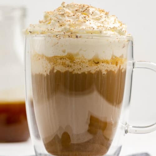 Copycat Starbucks pumpkin spice latte in an insulated coffee mug.