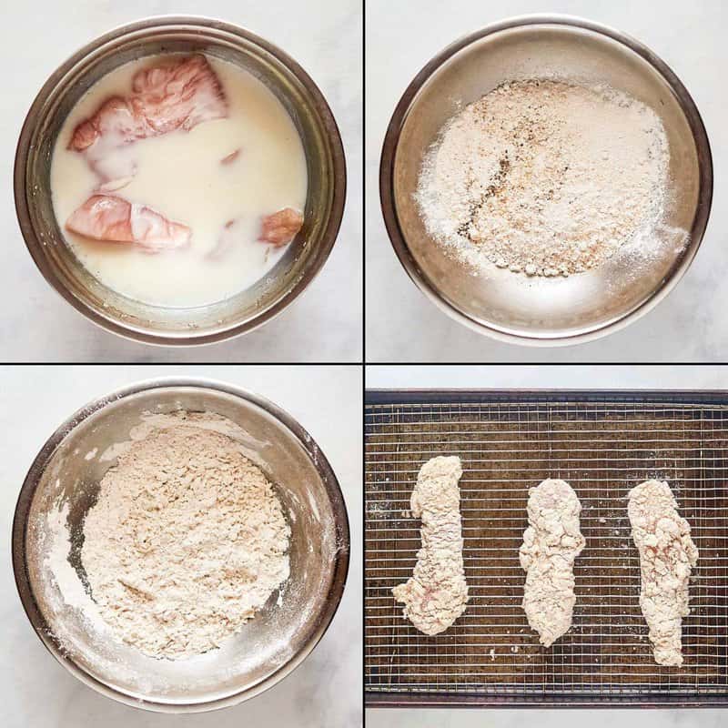 Collage of preparing chicken tenderloins for frying to make fried chicken strips.