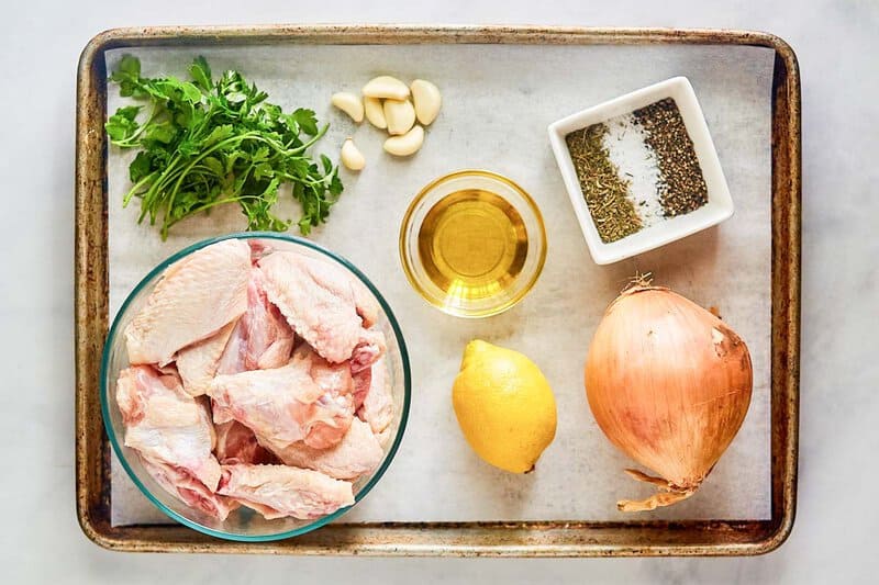 Copycat Anthony's coal fired wings ingredients on a tray.