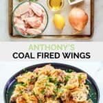 Copycat Anthony's coal fired wings ingredients and the wings on a plate.