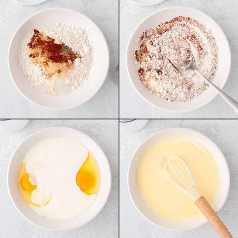 Collage of preparing seasoned flour and egg batter for chicken.