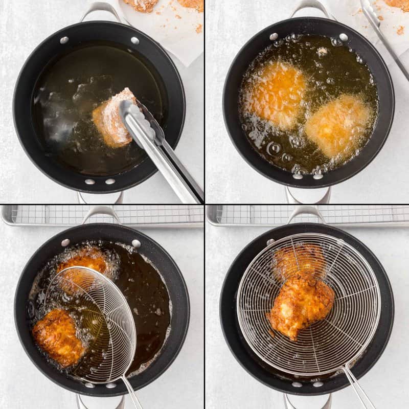 Collage of frying breaded chicken breasts.