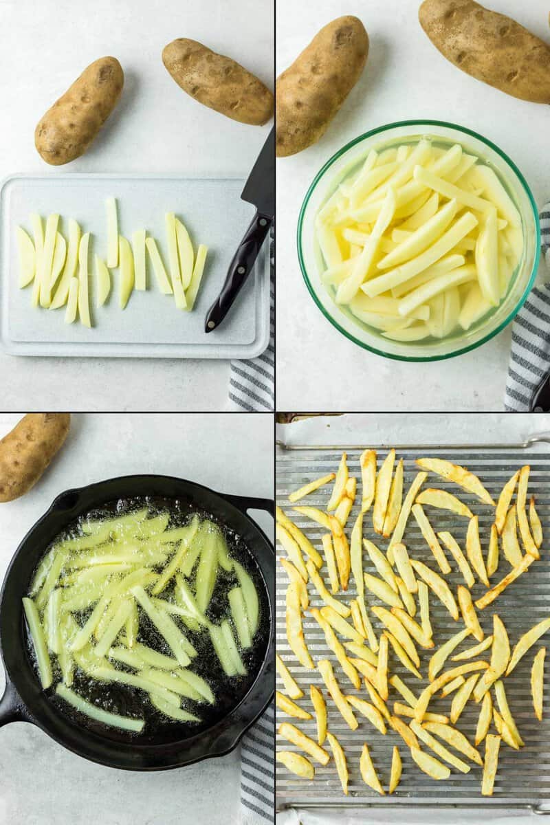 Collage of making French fries for fish and chips.