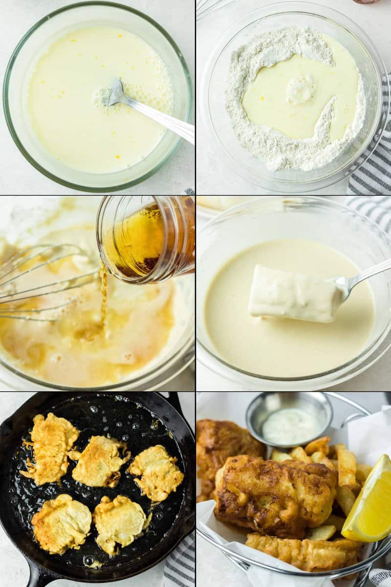 Collage of preparing beer batter and frying fish with it.
