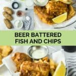 Beer battered fish and chips ingredients and the finished dish.