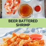Beer battered shrimp ingredients and the finished dish.