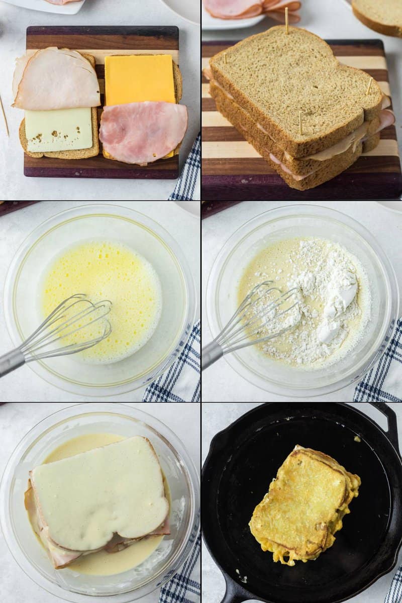 Collage of making copycat Bennigan's Monte Cristo sandwich.