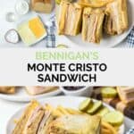 Copycat Bennigan's Monte Cristo ingredients and the finished sandwich.
