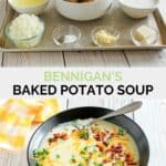 Copycat Bennigan's ultimate baked potato soup ingredients and a bowl of the soup.