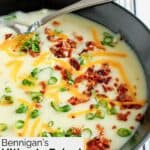 Homemade Bennigan's ultimate baked potato soup in a large bowl.