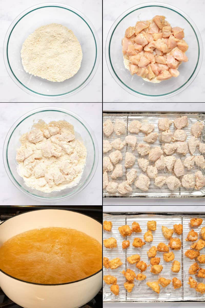 Collage of breading and frying chicken pieces to make homemade Chick Fil A nuggets.