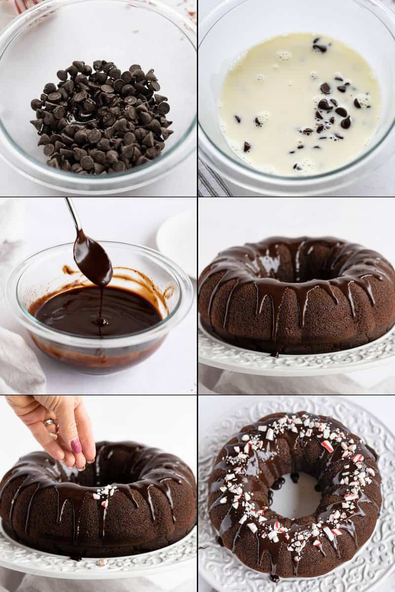 Collage of making ganache icing for chocolate peppermint bundt cake.