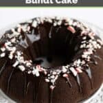 Chocolate peppermint bundt cake with mint ganache and crushed candies.