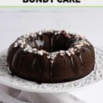 Chocolate peppermint bundt cake on a cake stand.