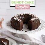 Chocolate peppermint bundt cake slices and the cake on a cake stand.