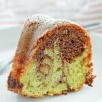 A slice of chocolate pistachio marble cake.