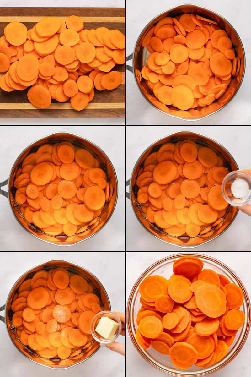 Collage of cooking boiled carrots.