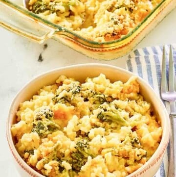 Copycat Cracker Barrel broccoli cheese rice casserole in a bowl and baking dish.