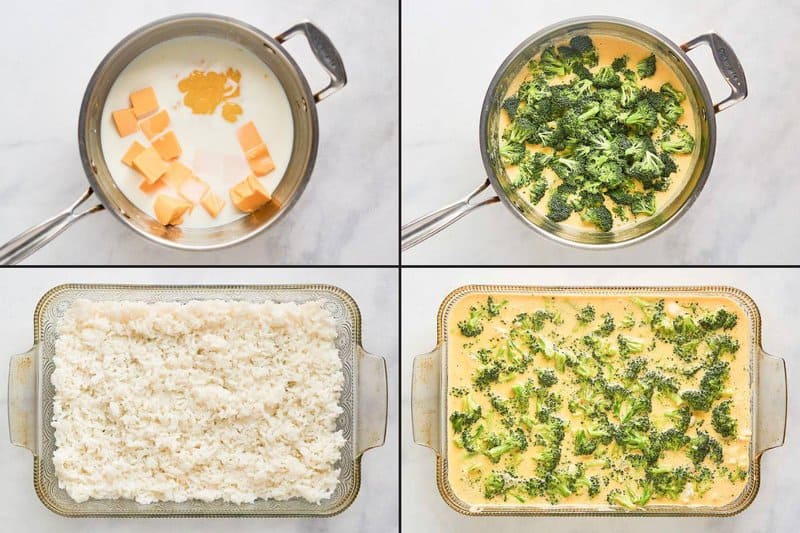 Collage of making broccoli cheese sauce and pouring it over rice to make a casserole.