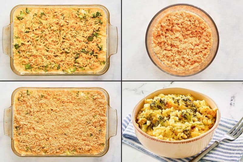 Collage of assembling and serving a copycat Cracker Barrel broccoli cheese casserole.