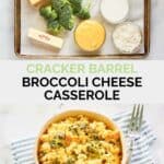 Copycat Cracker Barrel broccoli cheese casserole ingredients and the finished dish.