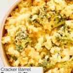 A serving of homemade Cracker Barrel broccoli cheese rice casserole.