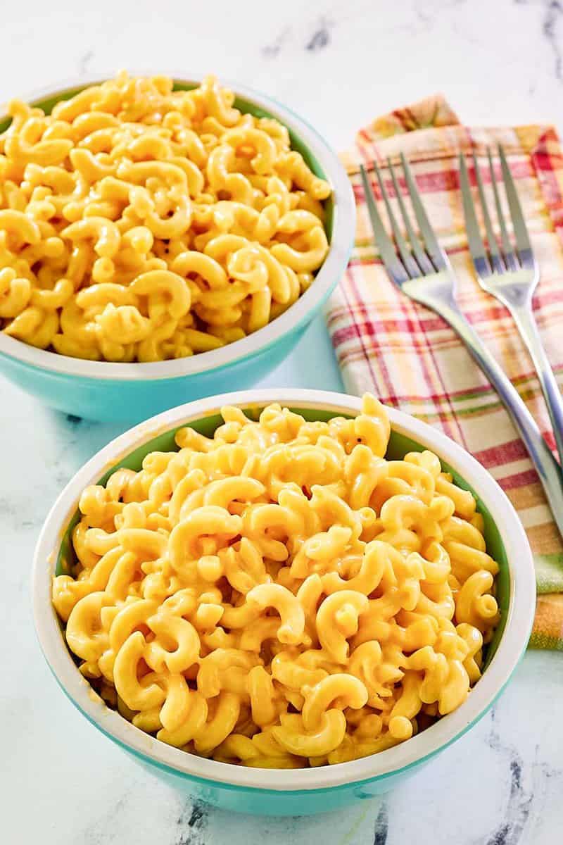 Two bowls of copycat Cracker Barrel mac and cheese.