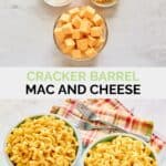 Copycat Cracker Barrel mac and cheese ingredients and the finished dish.