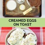 Creamed eggs on toast ingredients and the finished dish.