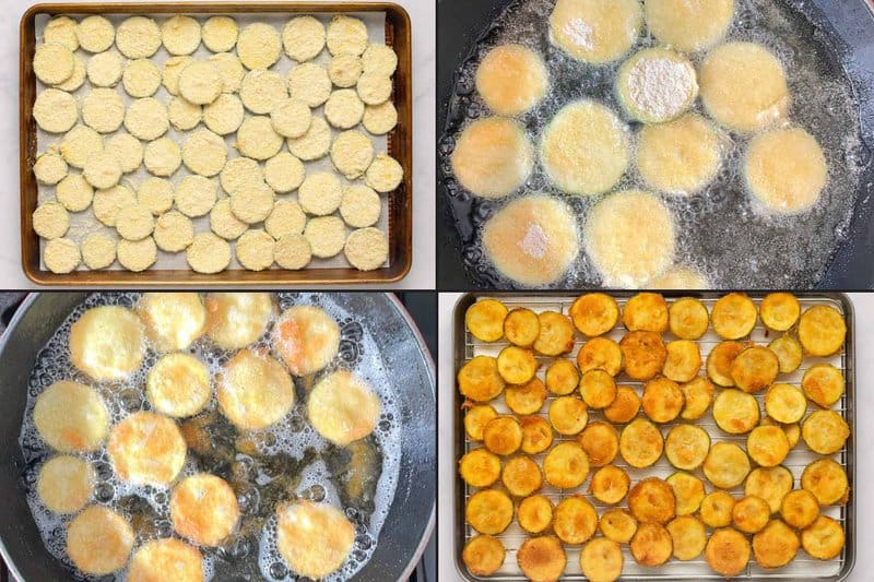 Collage of frying breaded zucchini rounds.