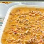 Hamburger dip with velveeta cheese and rotel tomatoes in a serving dish.