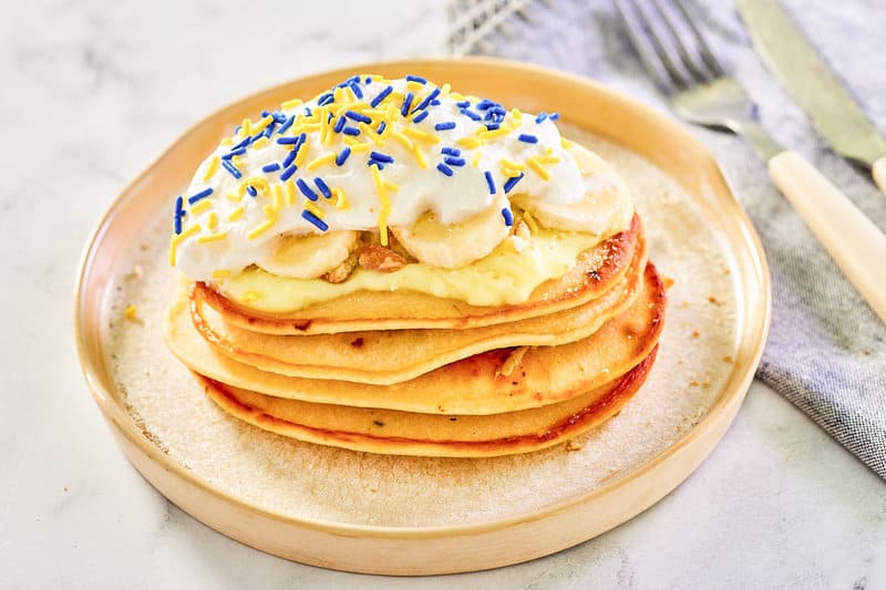 Copycat IHOP minion pancakes on a plate.