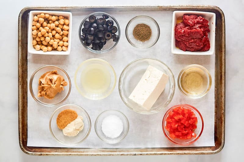 Homemade Loma Linda sandwich spread ingredients on a tray.