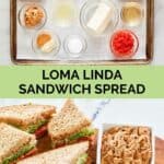 Homemade Loma Linda sandwich spread ingredients and the finished dish.
