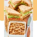 Homemade Loma Linda sandwich spread in a small bowl and on sandwiches.