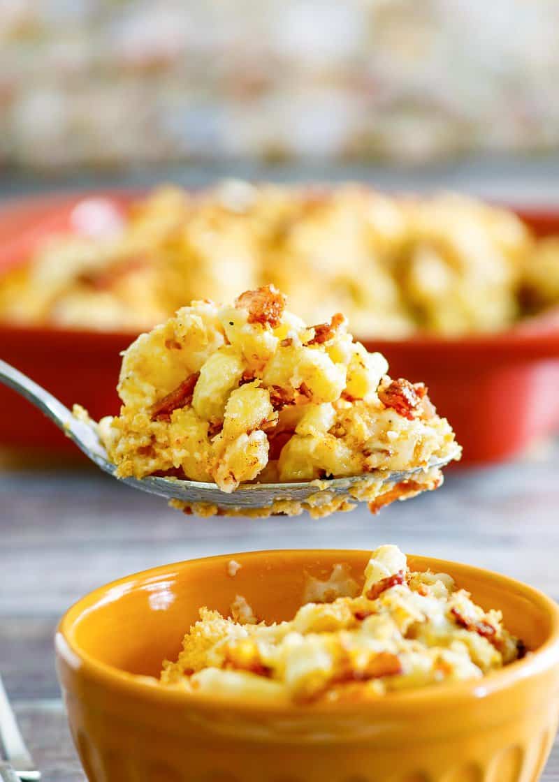 Copycat Longhorn Steakhouse mac and cheese on a spoon.