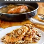 Homemade Olive Garden chicken marsala on a plate and in a skillet.
