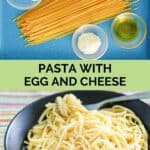 Pasta with garlic, egg, and cheese ingredients and the finished dish.