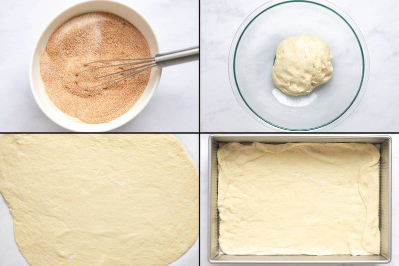 Collage of preparing cinnamon sugar and rolling dough to make cinnamon sticks.