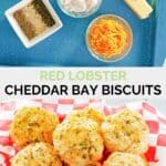 Copycat Red Lobster cheddar bay biscuits ingredients and the finished biscuits.