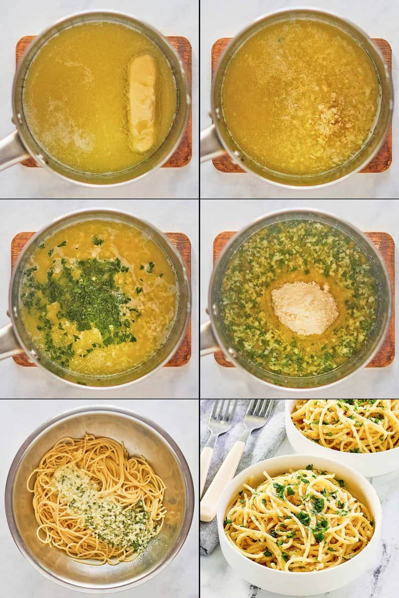 Collage of making Spaghetti Warehouse spaghetti with garlic butter.