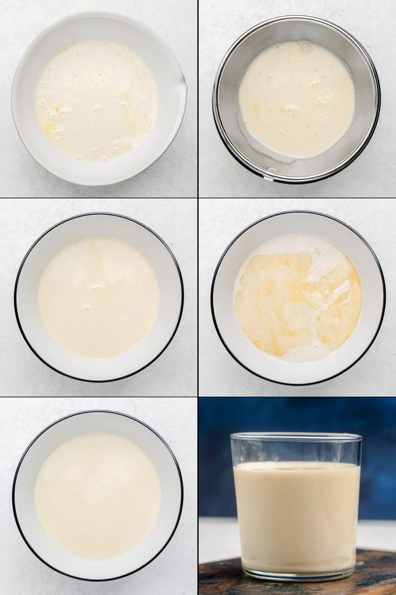 Collage of final 6 steps of making homemade spiked eggnog.