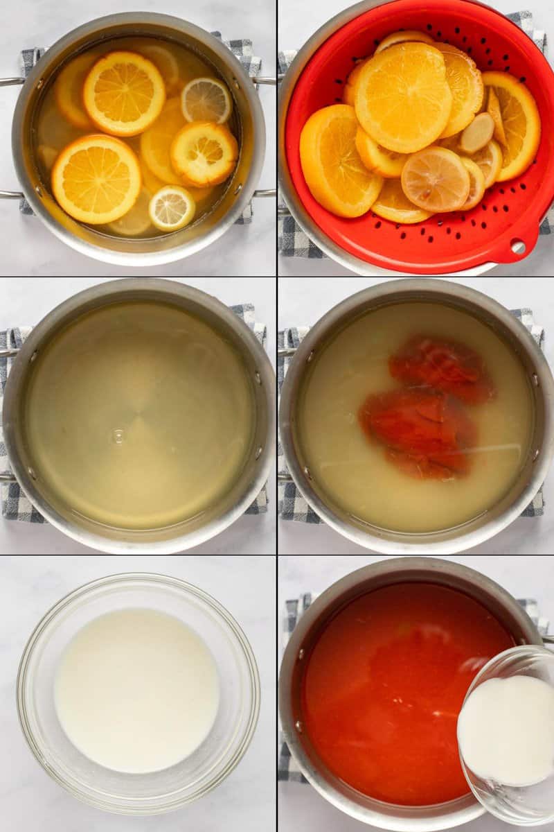 Collage of making saccharine  and sour sauce.