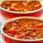 Bowls of taco soup with ground beef.